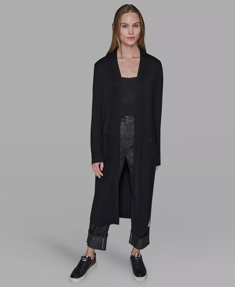 Karl Lagerfeld Paris Duster Cardigan Women Medium Black Logo Knit Open Front NWT